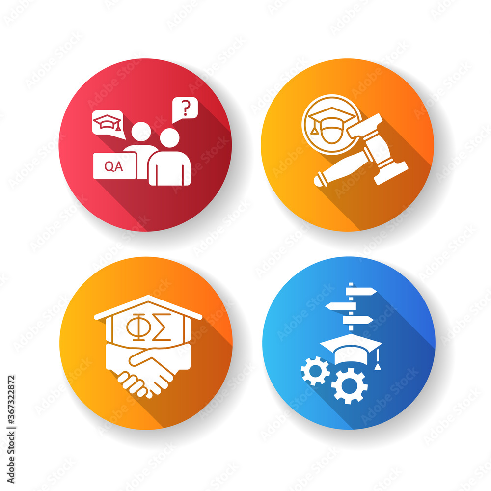 College life flat design long shadow glyph icons set. Academic advisor. University student organization. Fraternity. Student life and activities. Silhouette RGB color illustration College life flat design long shadow glyph icons set. Academic advisor. University student organization. Fraternity. Student life and activities. Silhouette RGB color illustration