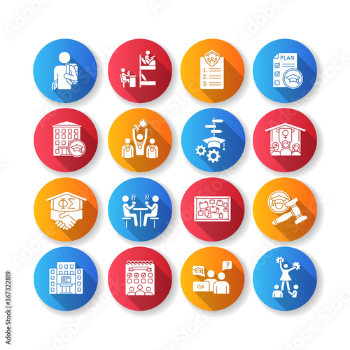 Campus life flat design long shadow glyph icons set. University and college. Freshman. Student life and activities. Cheerleading and sports team. Silhouette RGB color illustration