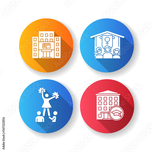 Freshman life flat design long shadow glyph icons set. University female organizations and sports. Cheerleading. Library and dormitory building. Silhouette RGB color illustration