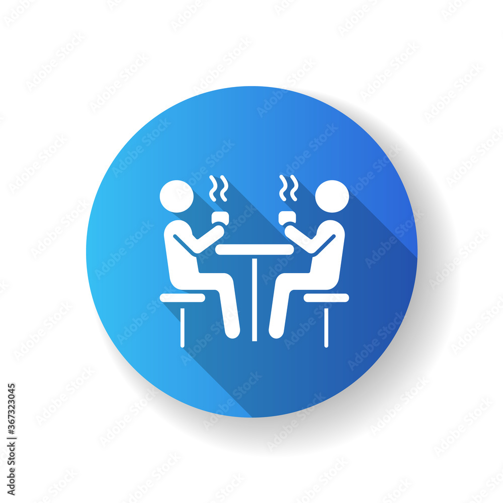 Dining hall flat design long shadow glyph icon. School cafeteria. University canteen. Students having lunch at table. People drinking hot drinks. Silhouette RGB color illustration