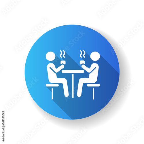 Dining hall flat design long shadow glyph icon. School cafeteria. University canteen. Students having lunch at table. People drinking hot drinks. Silhouette RGB color illustration