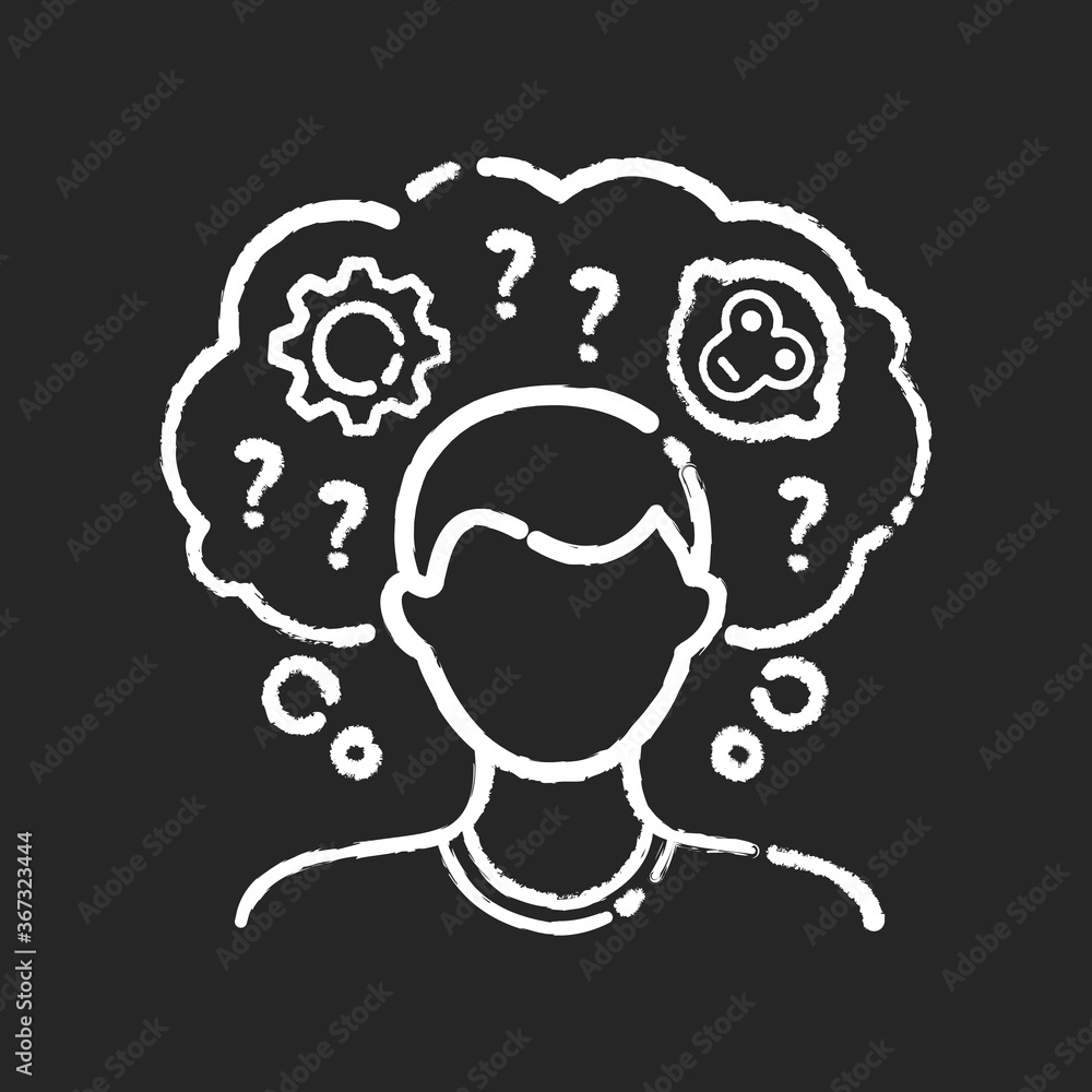 Intellectual disability chalk white icon on black background. Person with short term memory loss. Think in confusion. Chronic disease. Mental problem. Isolated vector chalkboard illustration Intellectual disability chalk white icon on black background. Person with short term memory loss. Think in confusion. Chronic disease. Mental problem. Isolated vector chalkboard illustration