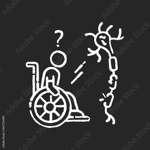 Multiple sclerosis chalk white icon on black background. Handicapped man in wheelchair. Neurology problem. Trauma treatment. Patient with spine injury. Isolated vector chalkboard illustration