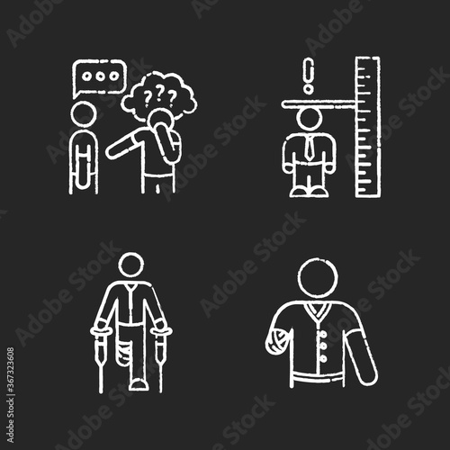 Medical condition chalk white icons set on black background. Asperger syndrome. Difficulty with social interaction. Adult with dwarfism. Health care problem. Isolated vector chalkboard illustrations