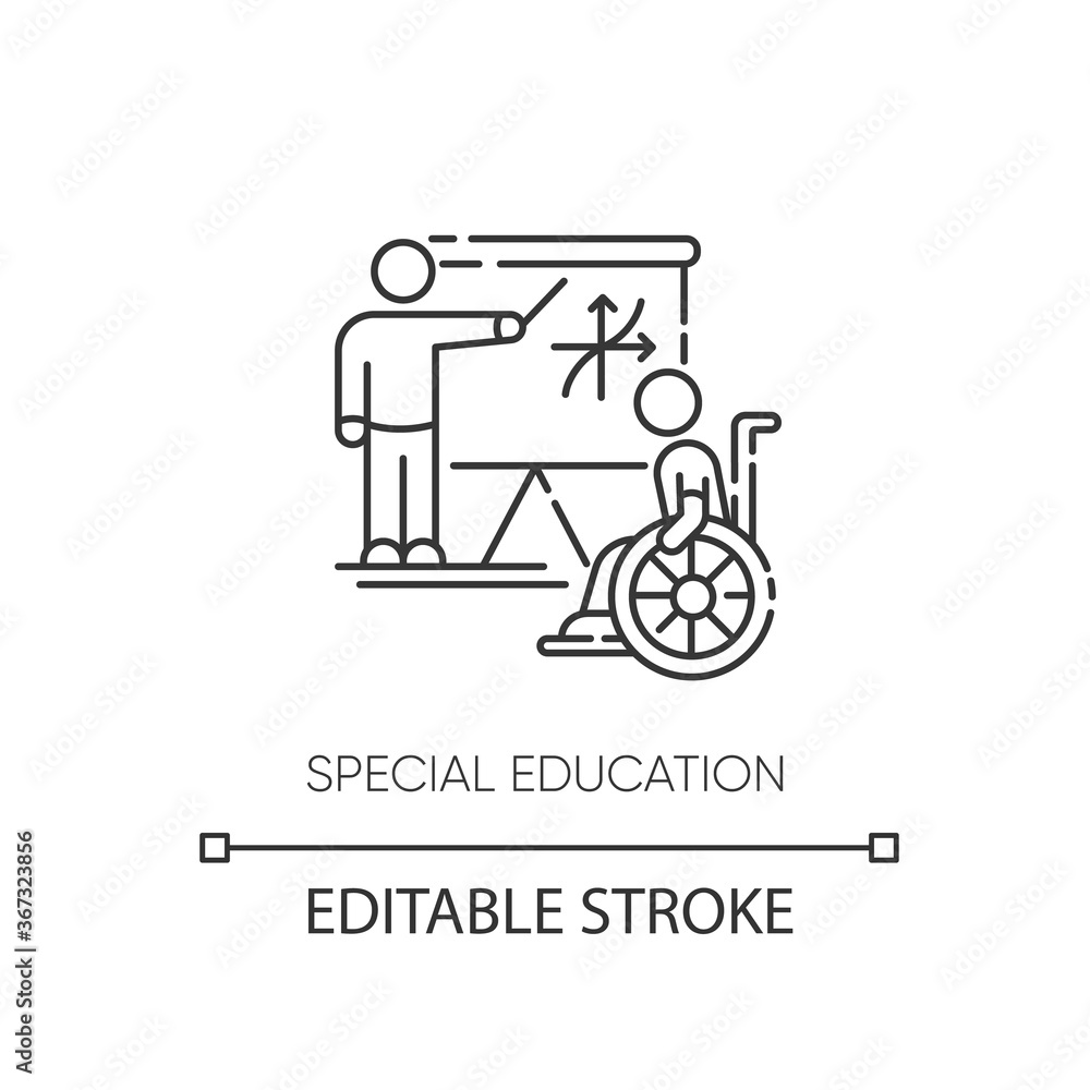 Special education pixel perfect linear icon. Inclusive education thin line customizable illustration. Contour symbol. Student and personal teacher vector isolated outline drawing. Editable stroke