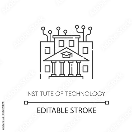 Institute of technology pixel perfect linear icon. Professional IT college, higher education thin line customizable illustration. Contour symbol. Vector isolated outline drawing. Editable stroke