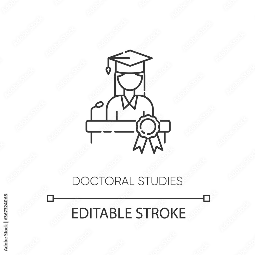 Doctoral studies pixel perfect linear icon. College graduation, academic achievement thin line customizable illustration. Contour symbol. PhD student vector isolated outline drawing. Editable stroke Doctoral studies pixel perfect linear icon. College graduation, academic achievement thin line customizable illustration. Contour symbol. PhD student vector isolated outline drawing. Editable stroke