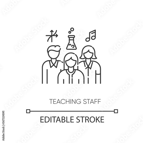 Teaching staff pixel perfect linear icon. Mathematics, chemistry and music teachers thin line customizable illustration. Contour symbol. Vector isolated outline drawing. Editable stroke