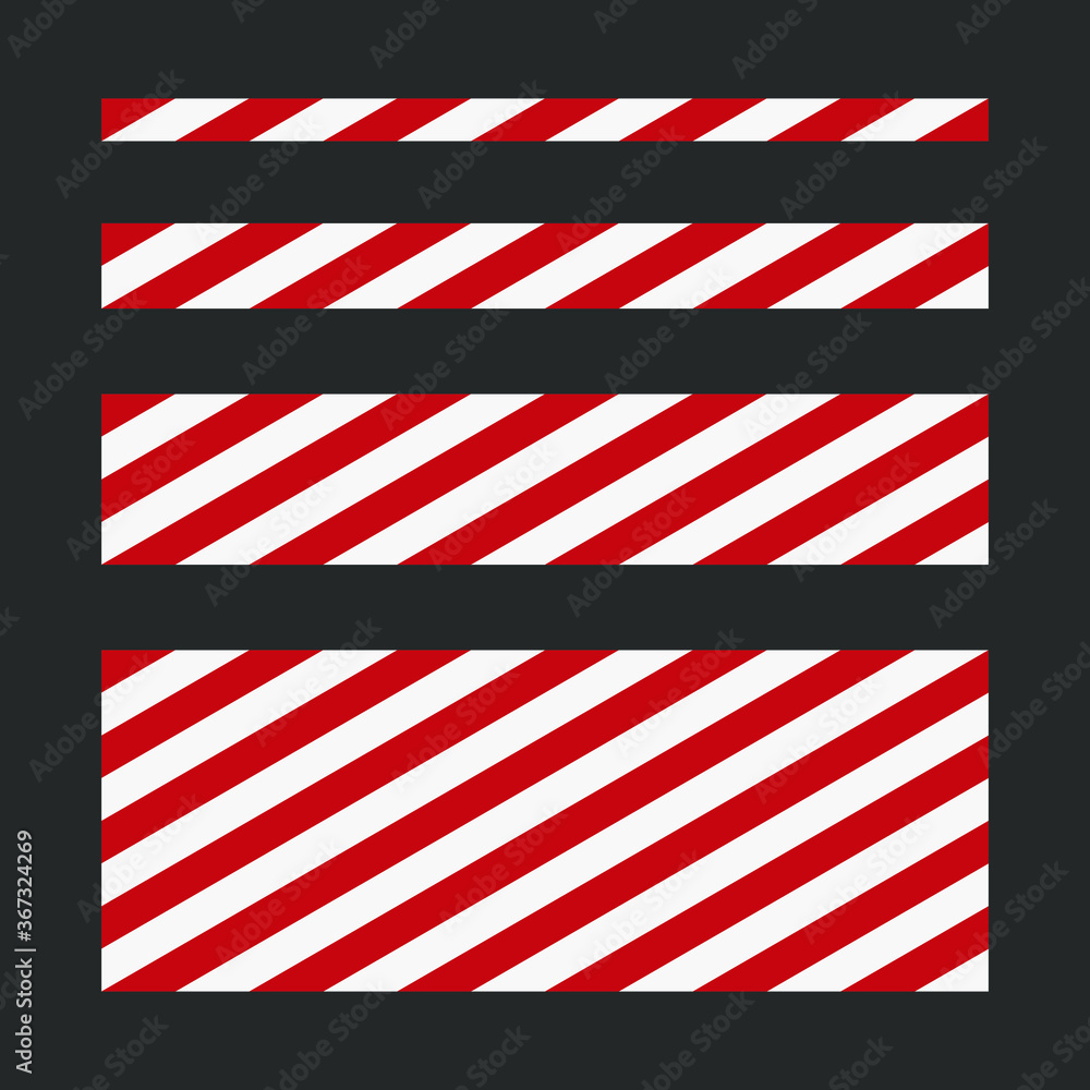 Red and white diagonal stripe vector icon collection. Seamless caution and warning sign tape set. Industrial safety and attention symbol line pattern. Isolated on black background. Red and white diagonal stripe vector icon collection. Seamless caution and warning sign tape set. Industrial safety and attention symbol line pattern. Isolated on black background.