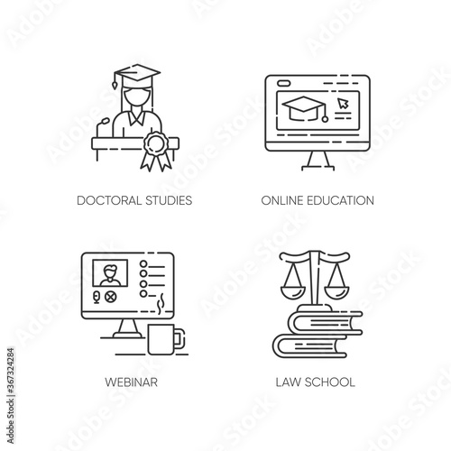 Modern higher education pixel perfect linear icons set. Doctoral studies, law school, online courses Customizable thin line contour symbols. Isolated vector outline illustrations. Editable stroke