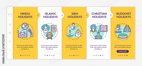 Indian religious holidays onboarding vector template. Hindu and Islamic holidays. Public holidays in India. Responsive mobile website with icons. Webpage walkthrough step screens. RGB color concept