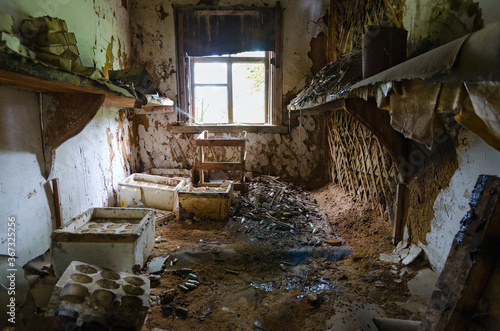 Devastation in premises of former veterinary laboratory in resettled village of Pogonnoye in Chernobyl exclusion zone, Belarus