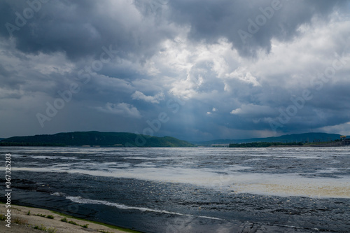 summer  day  walk  sky  clouds  space  distance  height  forest  mountains  Bank  river  water  hydroelectric power station  sandors  discharge  water  water  dust  foam  light  shadow  observation