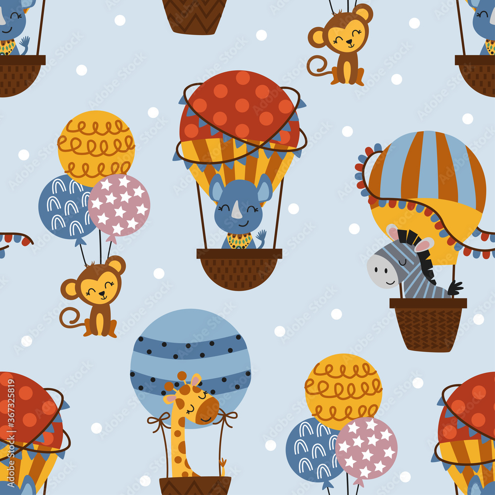 custom made wallpaper toronto digitalseamless pattern with hot air balloon and jungle animals - vector illustration, eps