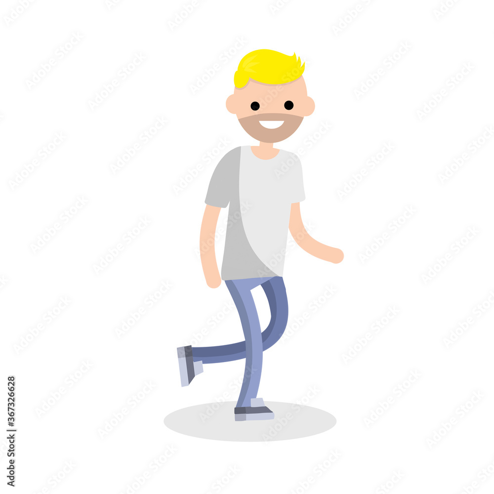 Young adult man in white t-shirt and blue jeans. Regular guy. Active motion and lifestyle. Cartoon flat illustration. Ordinary boy running