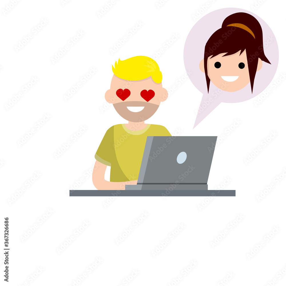 Man in love sitting at table with laptop. boyfriend and girlfriend email. Bubble with girl head. Romantic relationships on Internet. Cartoon flat illustration. Chat with woman. Heart on eyes Man in love sitting at table with laptop. boyfriend and girlfriend email. Bubble with girl head. Romantic relationships on Internet. Cartoon flat illustration. Chat with woman. Heart on eyes