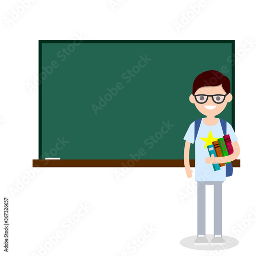 Male student with books and backpack in high school at clean Board with chalk. Education in University and College. Lesson and lecture. Boy and knowledge. Young man. Cartoon flat illustration