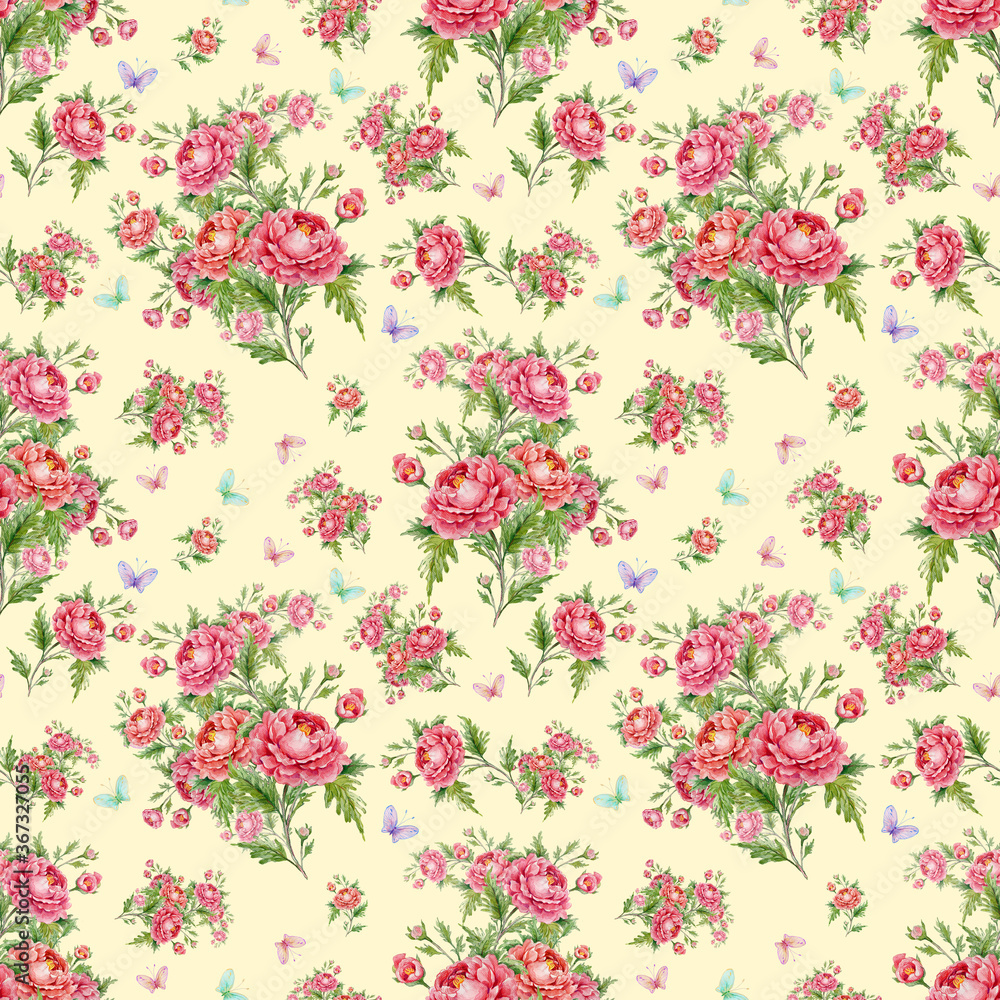 Fototapeta Seamless pattern bouquets of roses and butterflies
Beautiful print for your decor and textile design