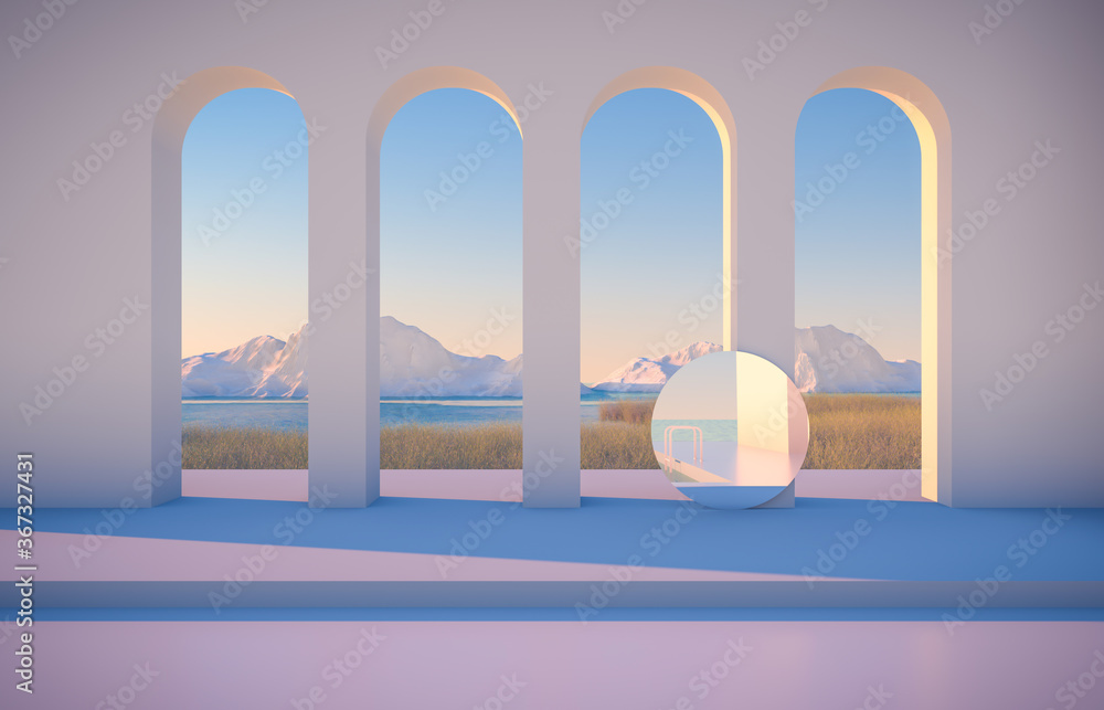 Abstract winter scene with geometrical forms, arch with a podium in lake view. minimal 3d landscape background. 