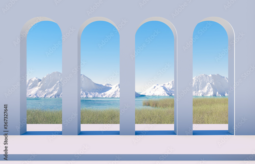 Fototapeta premium Abstract winter scene with geometrical forms, arch with a podium in lake view. minimal 3d landscape background. 