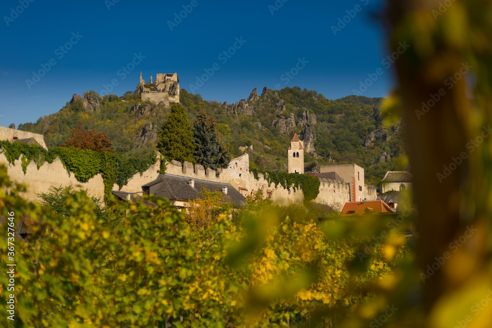Dürnstein Castle surrounded by vineyard in Wachau Valley, Austria