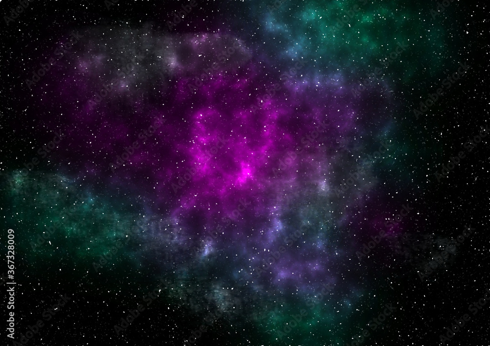 Fototapeta premium Night sky with stars and nebula. Green and purple starry sky background.