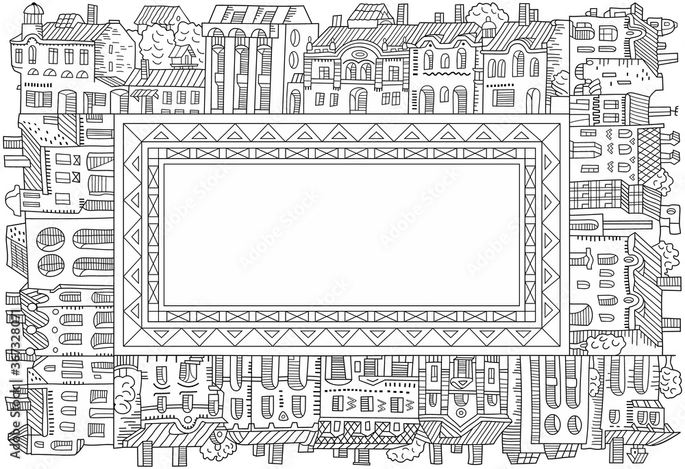 Vector hand drawn linear cartoon houses frame.