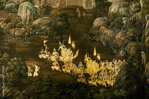Ancient thai painting Ramayana story. Traditional Thai art of painting on Ancient wall of Thai temple. Public property in Wat Phra Kaew, Temple of the Emerald Buddha, Bangkok,Thailand. 