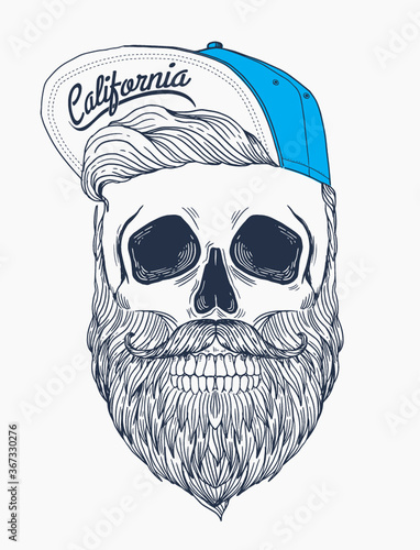 Hipster skull with snapback hat, hipster hair, mustache and beard , hand drawn illustration for t-shirt and other uses.