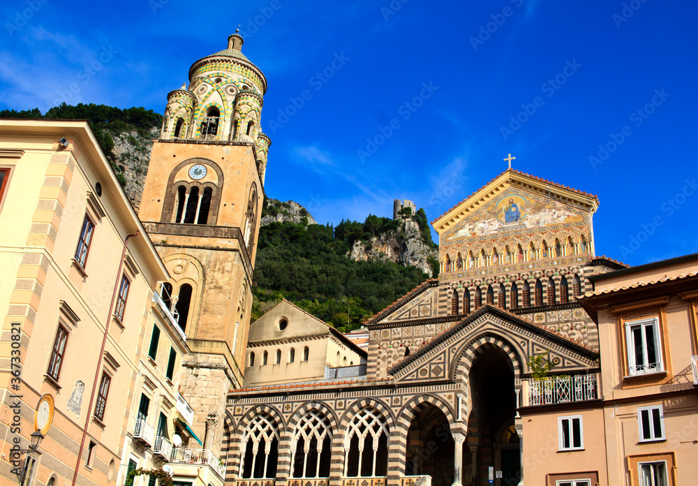 Cathedral of St. Andrew against blue sky, Unesco world heritage, at Piazza del Duomo in Amalfi, Italy. 