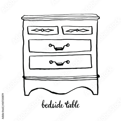 Vintage bedside table/ Vintage furniture/ Interior design elements/ Hand drawn ink sketch illustration isolated on white background