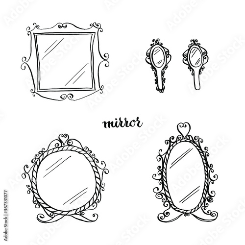 Vintage mirrors doodle style/ Vintage furniture/ Interior design elements/ Hand drawn ink sketch illustration isolated on white background