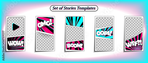 Vector colorful background in pop art retro comic style. Vector trendy editable set of templates for social media networks stories. Modern design backgrounds for flyers, cards, posters. 