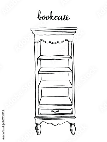 Vintage bookcase/ Vintage furniture/ Interior design elements/ Hand drawn ink sketch illustration isolated on white background