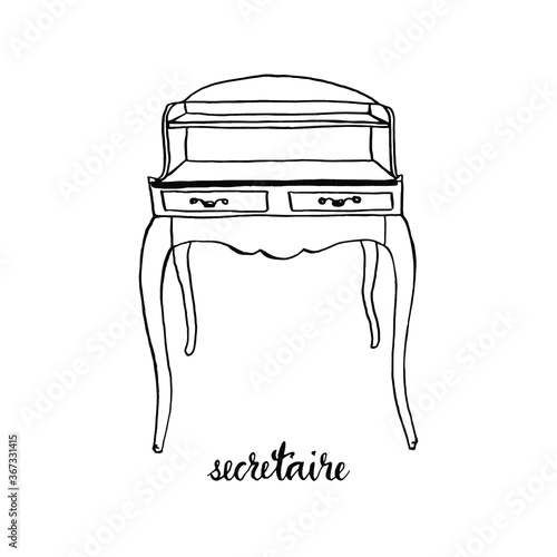 Vintage secretaire/ bureau/ writing desk/ Vintage furniture/ Interior design elements/ Hand drawn ink sketch illustration isolated on white background