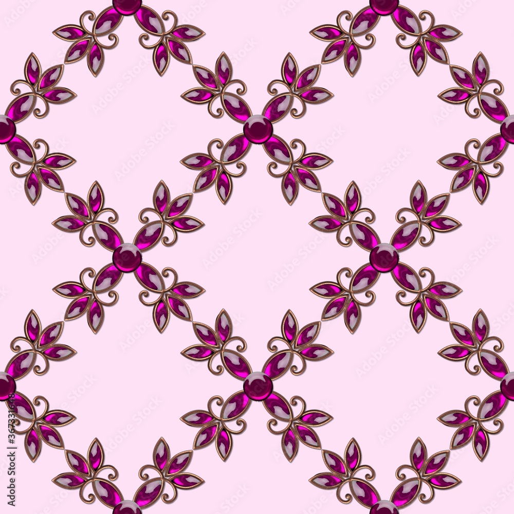 Vintage jewelry seamless pattern with colored gems...Flowers made of precious stones...