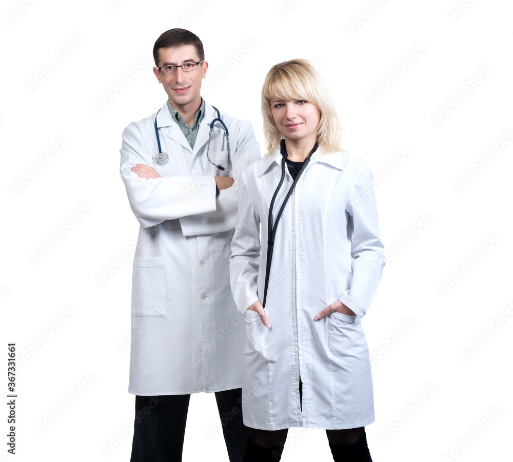 Man and woman in white coats of doctors with stethoscopes on a white background in isolation