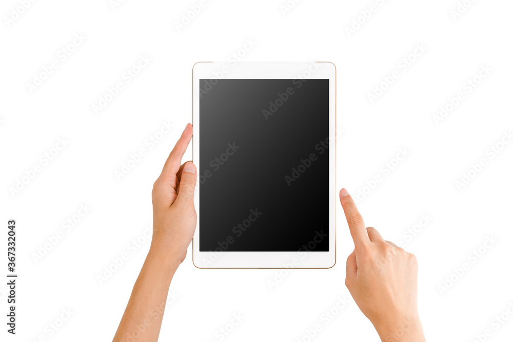 Technology Concept, Hands using a mock up white Tablet and use finger to point at the screen on white background and clipping path. Technology Concept, Hands using a mock up white Tablet and use finger to point at the screen on white background and clipping path.
