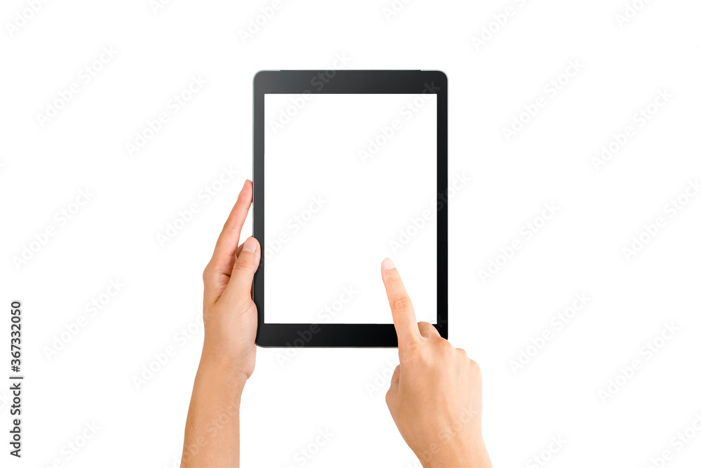 Technology Concept, Hands using a mock up black Tablet and use finger to point at the screen on white background and clipping path. Technology Concept, Hands using a mock up black Tablet and use finger to point at the screen on white background and clipping path.
