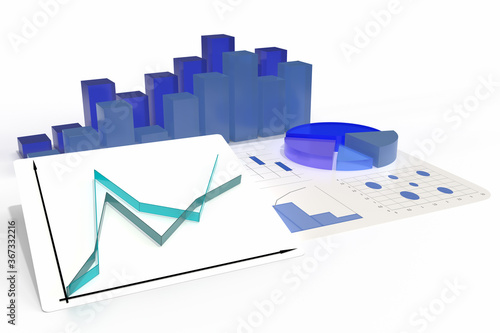 3D-Illustration als Business-Konzept bestehend aus Linien-, Balken- und Tortendiagrammen isoliert auf weißem Hintergrund