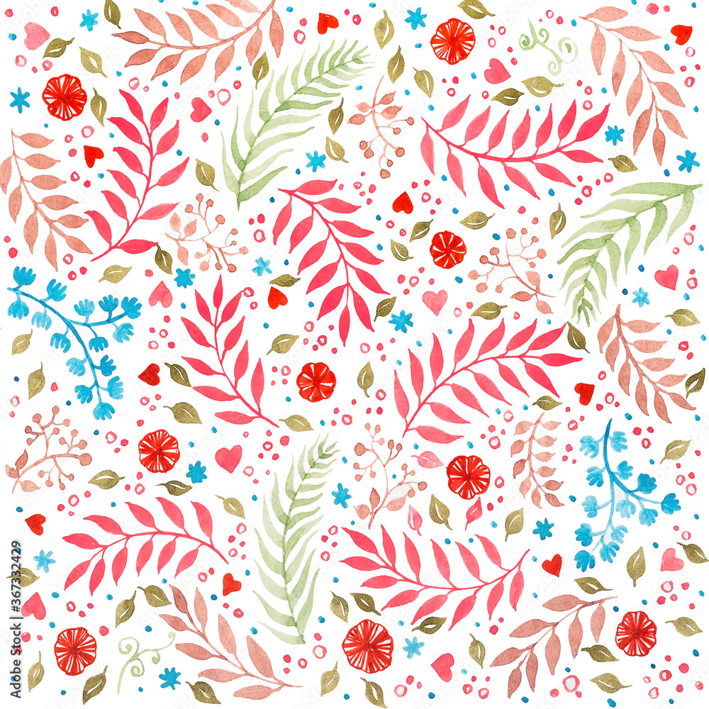 Floral ornament from green, pink and blue branches with leaves, watercolor handmade, on a white background.