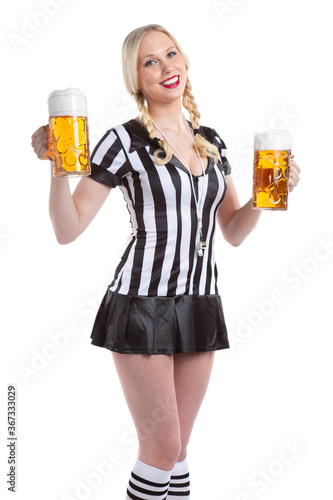 Happy sexy woman in soccer referee look holding a big glass or mug of beer in her hands #C6812
