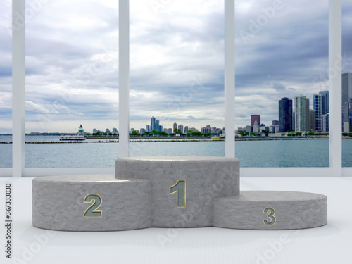 Siegertreppchen mit goldenen Ziffern vor der Skylinie von Chicago photo