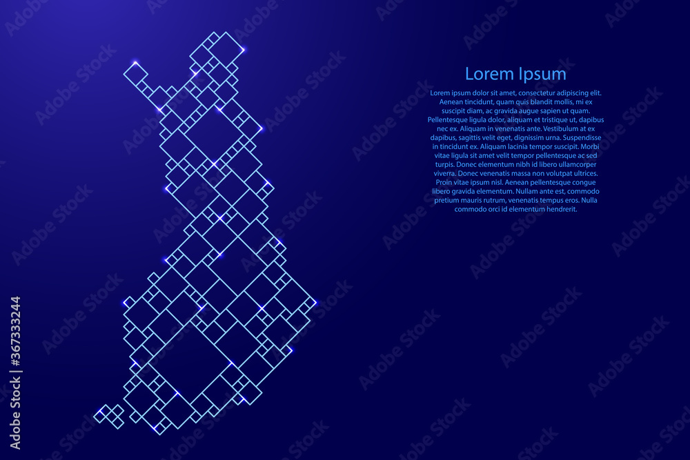 Finland map from blue pattern from a grid of squares of different sizes and glowing space stars. Vector illustration. Finland map from blue pattern from a grid of squares of different sizes and glowing space stars. Vector illustration.