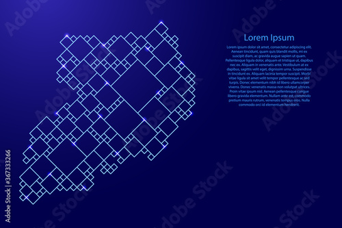 Uganda map from blue pattern from a grid of squares of different sizes and glowing space stars. Vector illustration.