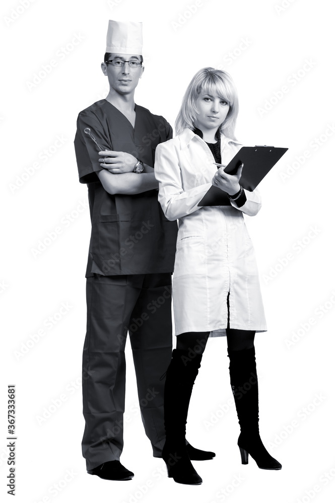 Man and woman in blue medical suits on a white background in isolation Man and woman in blue medical suits on a white background in isolation
