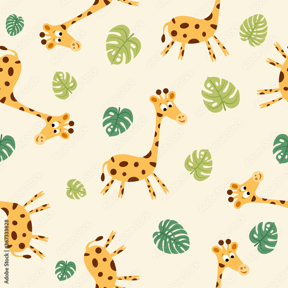 Vector kids cartoon animals seamless pattern with giraffe. Illustration for textile and texture design Vector kids cartoon animals seamless pattern with giraffe. Illustration for textile and texture design