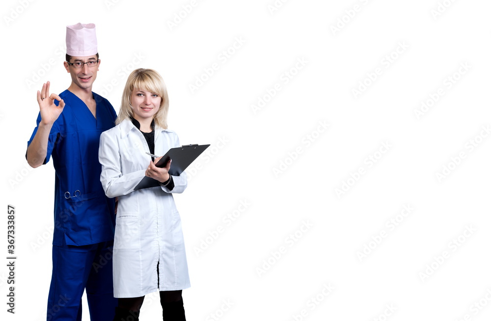 Man and woman in blue medical suits on a white background in isolation Man and woman in blue medical suits on a white background in isolation
