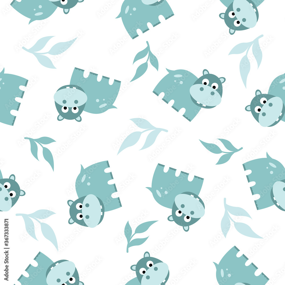 Vector kids cartoon animals seamless pattern with hippo. Illustration for textile and texture design