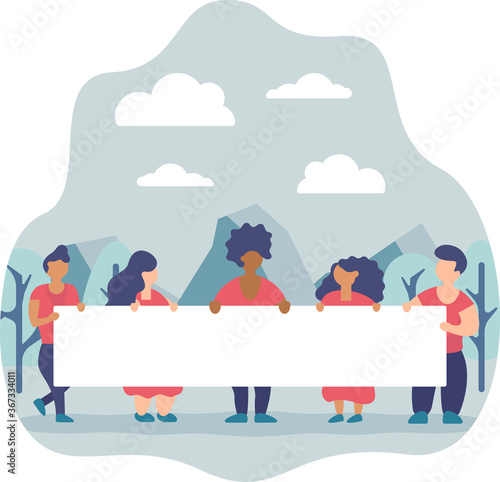 flat style illustration international group of people fighting for their rights, holding a banner